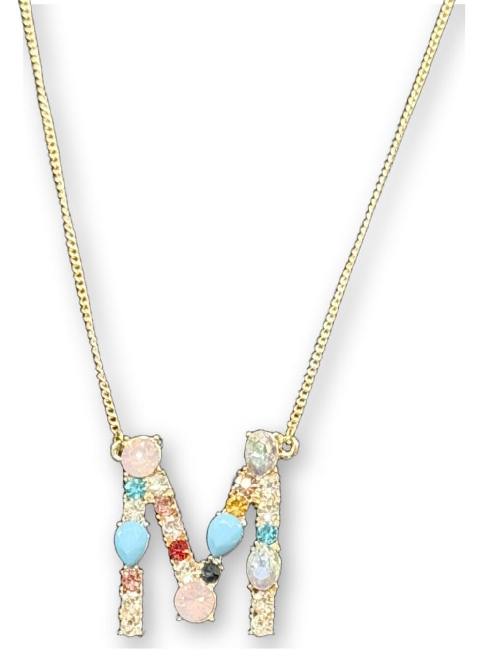 Gold Initial M Pendant Necklace Multi-Color Rhinestones